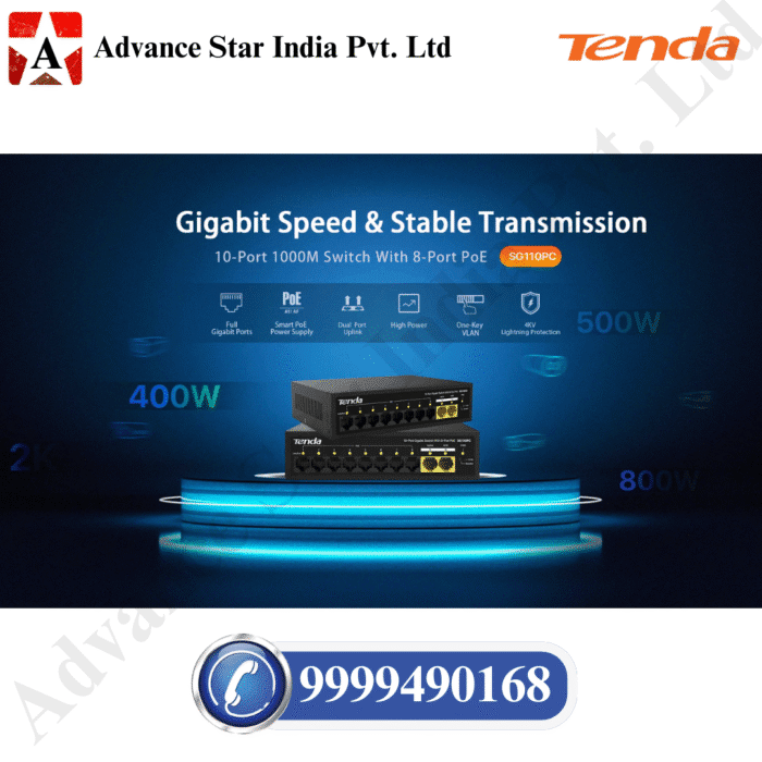 Tenda SG110PC 10-Port Gigabit Lite PoE Switch with 8-Port PoE (Black)